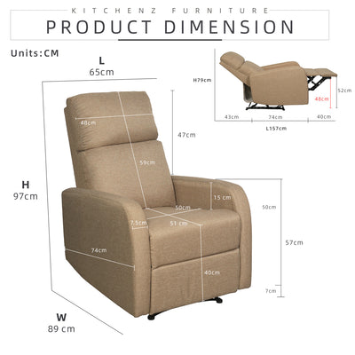 (FREE Shipping) 2FT Fabric/TPU/Linen Fabric Recliner Sofa 1 Seater Sofa Bed Kerusi Recliner Grey Clay Brown Blue Cream - 530/533/539