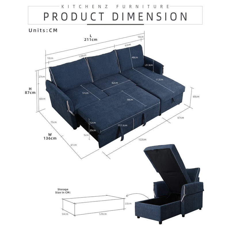 [HARI MALAYSIA FREE SHIPPING COMBO] 4.2FT 3 Seater L Shape Sofa Bed with Storage Coffee Table Free Gift 3-Tier Trolley Rack Living Room Combo Set - ESF4486-BL+2905-WT+3TIER-WT