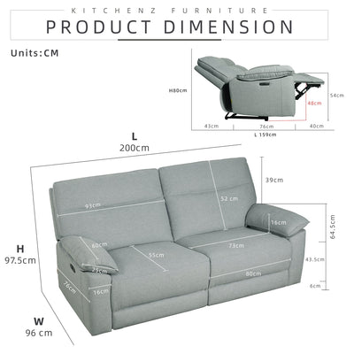 [HARI MALAYSIA FREE SHIPPING COMBO] 6.5FT 2 Seater Linen Fabric Power Recliner Sofa Bed Coffee Table Free Gift 3-Tier Trolley Rack Living Room Combo Set - 50857-BL+2905-WT+3TIER-WT