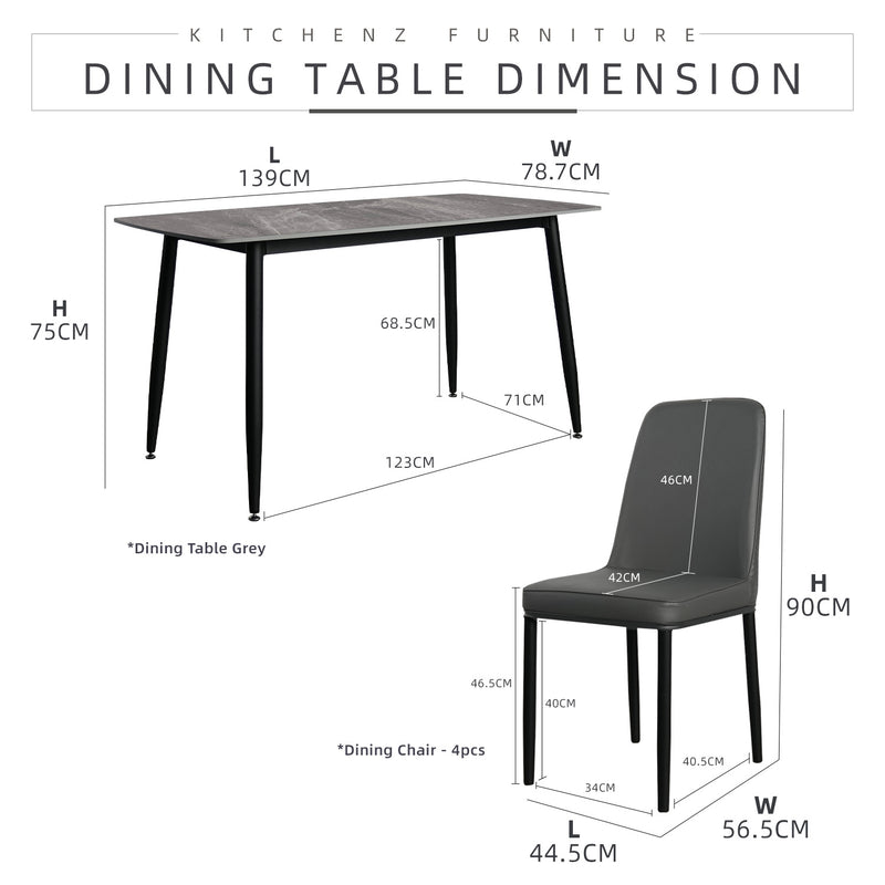 (FREE Shipping & FREE Installation) 4 People Seater Dining Set with 1 Porcelain (Ceramic)Table 4 Metal Leg Chairs - Dining Set (1+4)