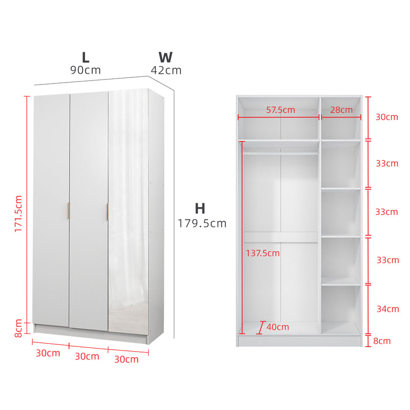 3FT Luca Series 3 Door Wardrobe with Mirror Gold Handle 6 Compartment Shelves & Hanging Rod Almari Baju Pintu Cermin - HMZ-FN-WD-6941-WT+GD