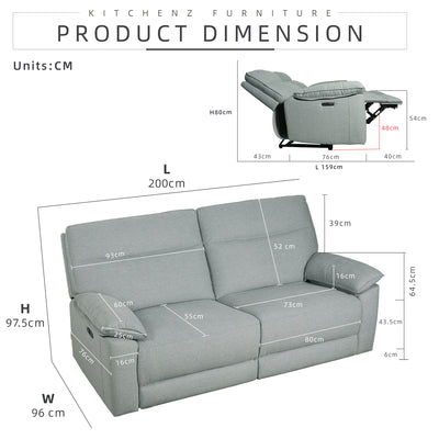 6.5FT 2 Seater Power Recliner Linen Fabric Sofa Electrical Recliner Sofa Bed / Blue- HMZ-FN-SF-50857
