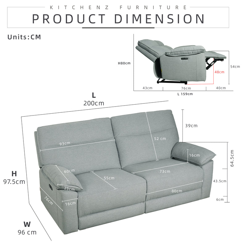 6.5FT 2 Seater Linen Fabric Power Recliner Sofa Electrical Recliner Sofa Bed / Blue- HMZ-FN-SF-50857