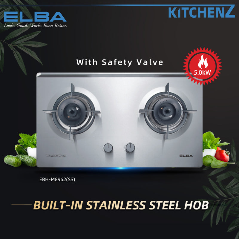 (FREE Shipping) Elba 2 Burners Combo Set with Hood 5Kw Safety Valve Built-in Stainless Steel Hob / Full Premium Stainless Steel - EBH-M8962-SS FREE Gift