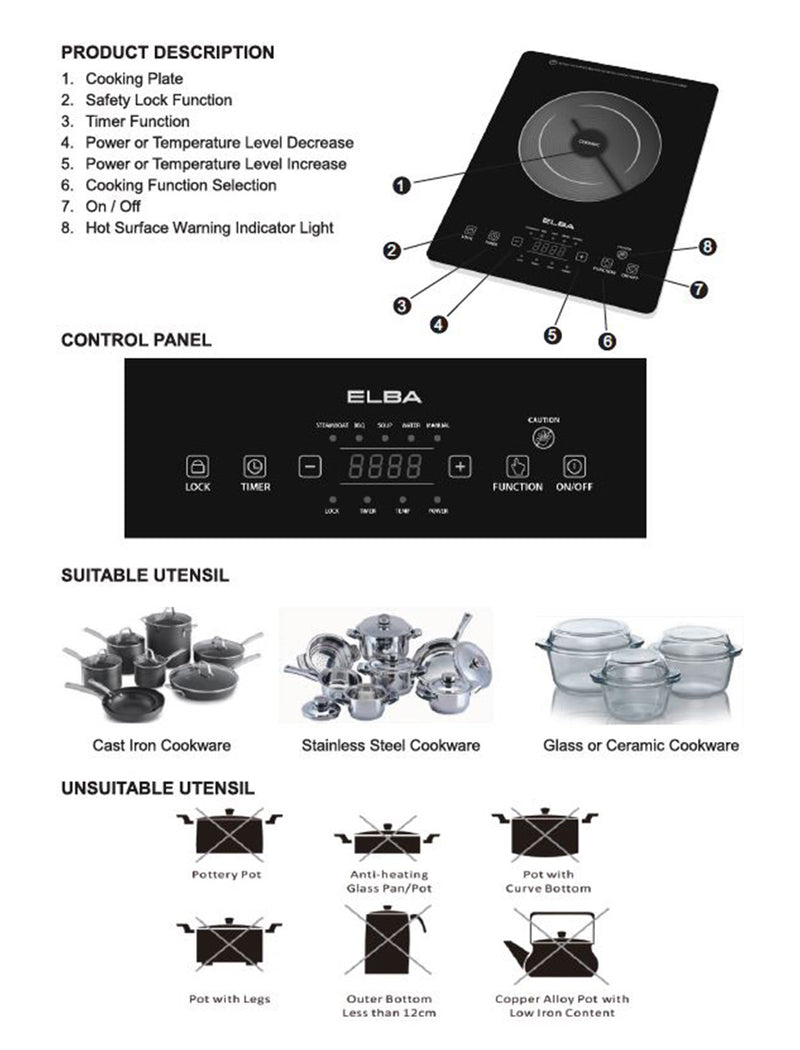 (EM) Elba 2000W Ceramic Cooker Suitable For All Type Cookware Materials / Steamboat / BBQ / Soup - ECC-J2015(BK)