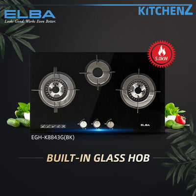 (FREE Shipping) Elba 3 Burners Tempered Glass Stove Combo Set with Hood 5Kw Safety Valve Built-in - EGH-K8843G(BK)