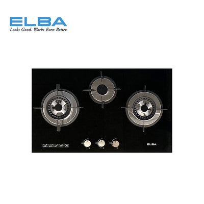 (FREE Shipping) Elba 3 Burners Tempered Glass Stove Combo Set with Hood 5Kw Safety Valve Built-in - EGH-K8843G(BK)