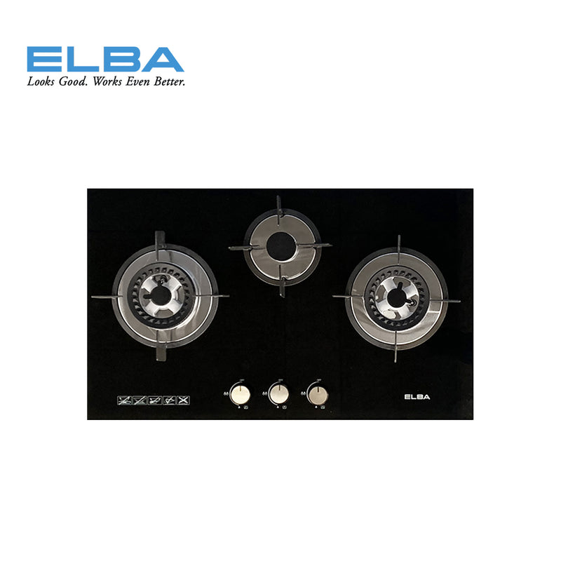 (FREE Shipping) Elba 3 Burners Tempered Glass Stove Combo Set with Hood 5Kw Safety Valve Built-in - EGH-K8843G(BK)