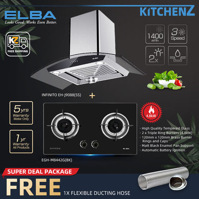 (FREE Shipping) Elba DESIGNER HOOD 1400 m³/hr INFINITO - EH-J9088-SS + 4.8Kw 2 Burner Built-in Glass Stove - EGH-M8442G(BK) FREE Gift