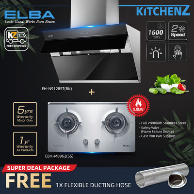 (FREE Shipping) Elba 2 Burners Combo Set with Hood 5Kw Safety Valve Built-in Stainless Steel Hob / Full Premium Stainless Steel - EBH-M8962-SS FREE Gift