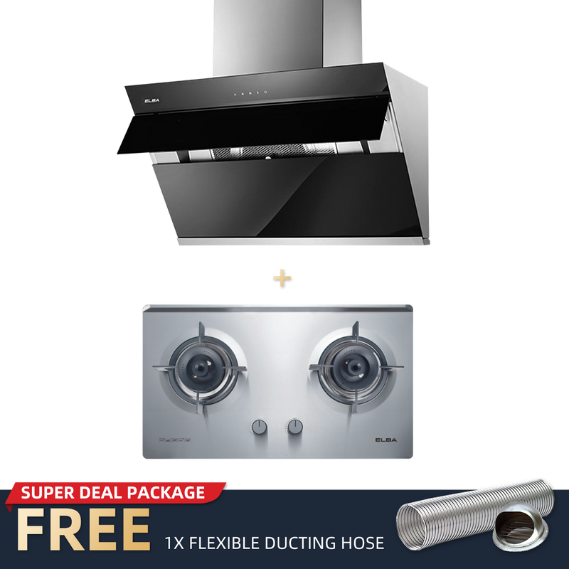 (FREE Shipping) Elba 2 Burners Combo Set with Hood 5Kw Safety Valve Built-in Stainless Steel Hob / Full Premium Stainless Steel - EBH-M8962-SS FREE Gift