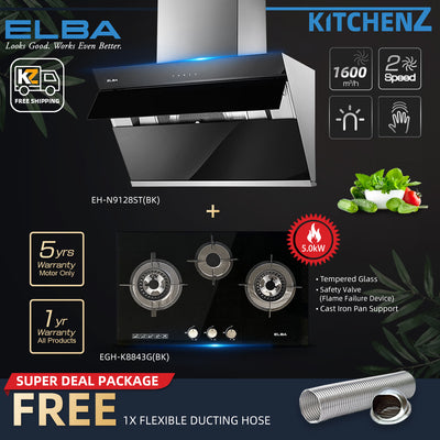 (FREE Shipping) Elba 3 Burners Tempered Glass Stove Combo Set with Hood 5Kw Safety Valve Built-in - EGH-K8843G(BK)