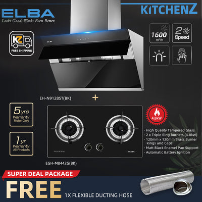 (FREE Shipping) Elba DESIGNER HOOD 1400 m³/hr INFINITO - EH-J9088-SS + 4.8Kw 2 Burner Built-in Glass Stove - EGH-M8442G(BK) FREE Gift