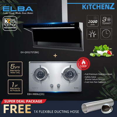 (FREE Shipping) Elba 2 Burners Combo Set with Hood 5Kw Safety Valve Built-in Stainless Steel Hob / Full Premium Stainless Steel - EBH-M8962-SS FREE Gift