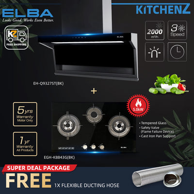 (FREE Shipping) Elba 3 Burners Tempered Glass Stove Combo Set with Hood 5Kw Safety Valve Built-in - EGH-K8843G(BK)