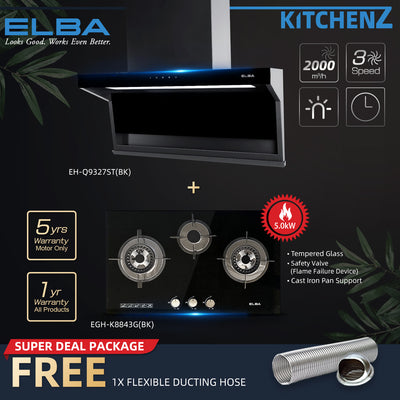 (EM) Elba 5.0kW Tempered Glass 2 Burner Built-in Hob+ Cooker Hood EH-Q9327ST(BK)-SBH ( Combo Set )