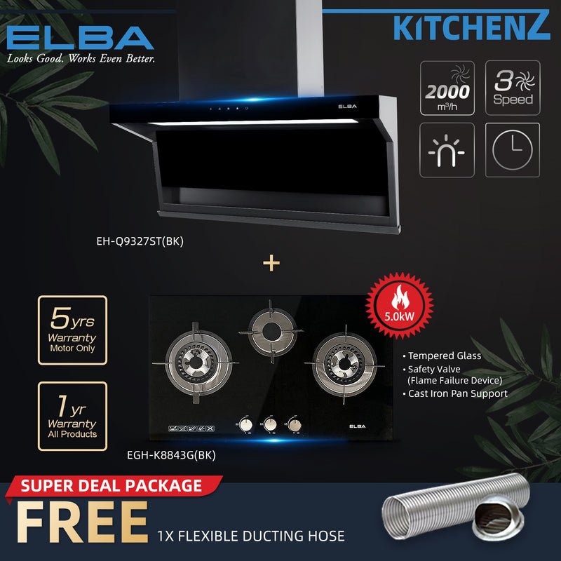(EM) Elba 5.0kW Tempered Glass 2 Burner Built-in Hob+ Cooker Hood EH-Q9327ST(BK)-SBH ( Combo Set )