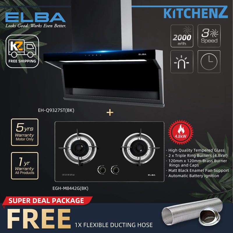 (FREE Shipping) Elba DESIGNER HOOD 1400 m³/hr INFINITO - EH-J9088-SS + 4.8Kw 2 Burner Built-in Glass Stove - EGH-M8442G(BK) FREE Gift