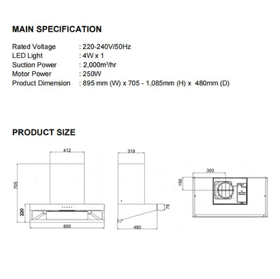 (FREE Shipping) Elba DESIGNER HOOD 2000 m³/hr T-Hood Cooker / FREE Flexible Ducting - EH-Q9633ST-SS