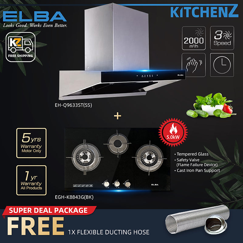 (FREE Shipping) Elba 3 Burners Tempered Glass Stove Combo Set with Hood 5Kw Safety Valve Built-in - EGH-K8843G(BK)