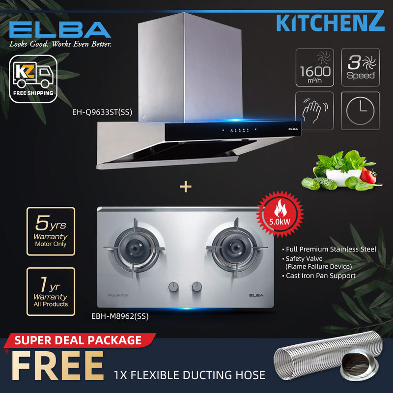 (FREE Shipping) Elba 2 Burners Combo Set with Hood 5Kw Safety Valve Built-in Stainless Steel Hob / Full Premium Stainless Steel - EBH-M8962-SS FREE Gift