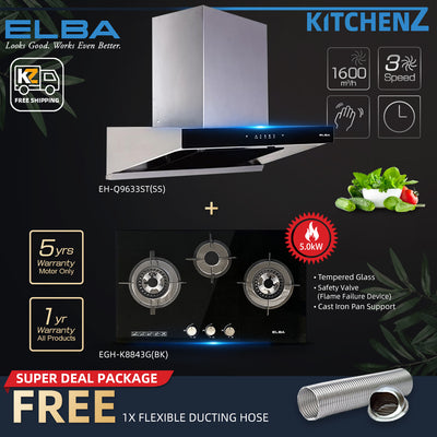 (FREE Shipping) Elba 3 Burners Tempered Glass Stove Combo Set with Hood 5Kw Safety Valve Built-in - EGH-K8843G(BK)