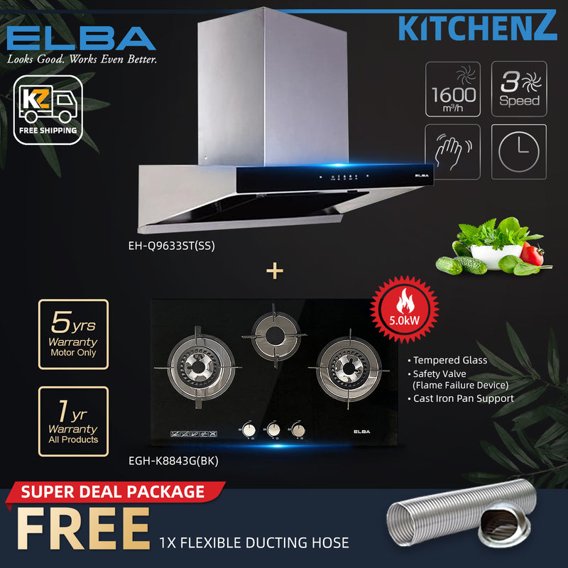 (FREE Shipping) Elba 3 Burners Tempered Glass Stove Combo Set with Hood 5Kw Safety Valve Built-in - EGH-K8843G(BK)