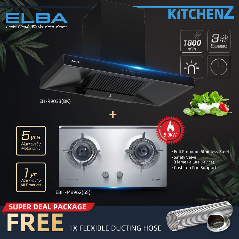 (FREE Shipping) Elba 2 Burners Combo Set with Hood 5Kw Safety Valve Built-in Stainless Steel Hob / Full Premium Stainless Steel - EBH-M8962-SS FREE Gift