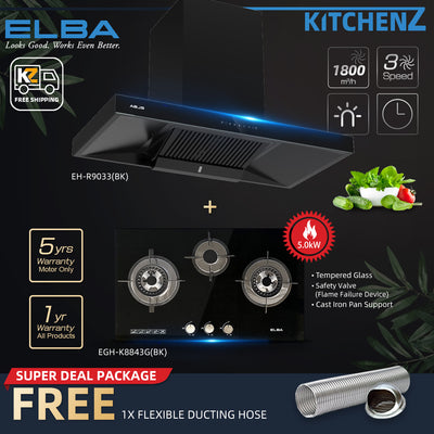 (FREE Shipping) Elba 3 Burners Tempered Glass Stove Combo Set with Hood 5Kw Safety Valve Built-in - EGH-K8843G(BK)