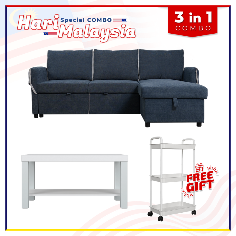 [HARI MALAYSIA FREE SHIPPING COMBO] 4.2FT 3 Seater L Shape Sofa Bed with Storage Coffee Table Free Gift 3-Tier Trolley Rack Living Room Combo Set - ESF4486-BL+2905-WT+3TIER-WT