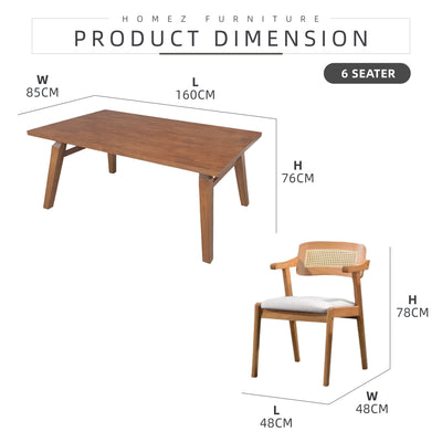 [FREE Shipping & FREE Installation] 6 Seater Solid Rubberwood with Rattan Dining Set Oak Walnut Scandinavian Rustic - MANCHESTER/WESTHAM/FULLHAM