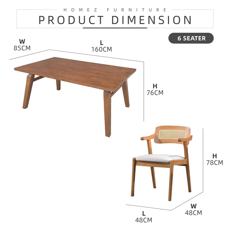 [FREE Shipping & FREE Installation] 6 Seater Solid Rubberwood with Rattan Dining Set Oak Walnut Scandinavian Rustic - MANCHESTER/WESTHAM/FULLHAM