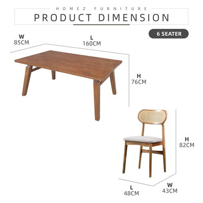 [FREE Shipping & FREE Installation] 6 Seater Solid Rubberwood with Rattan Dining Set Oak Walnut Scandinavian Rustic - MANCHESTER/WESTHAM/FULLHAM