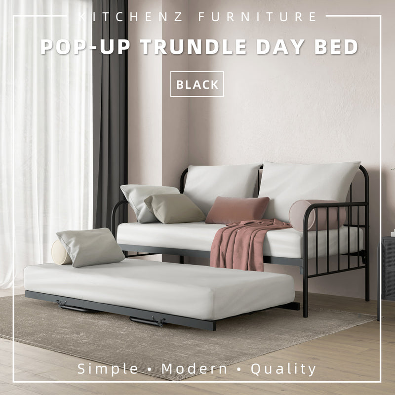 [COMBO Bedframe+Mattress] Single Trundle Bed/Pop-out Day Bedframe White/Black FREE Single 3x5FT Mattress