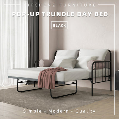 [COMBO Bedframe+Mattress] Single Trundle Bed/Pop-out Day Bedframe White/Black FREE Single 3x5FT Mattress