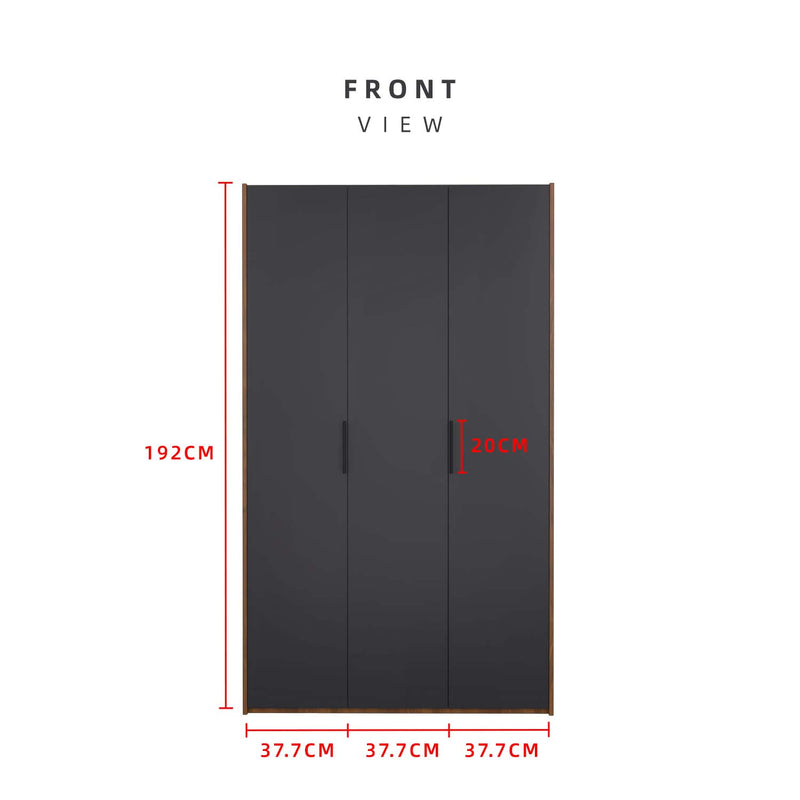 192cm High 3 Door Wardrobe With Matte Black Plastic Handle / Almari Baju / Almari Pakaian-HMZ-FN-WD-6018