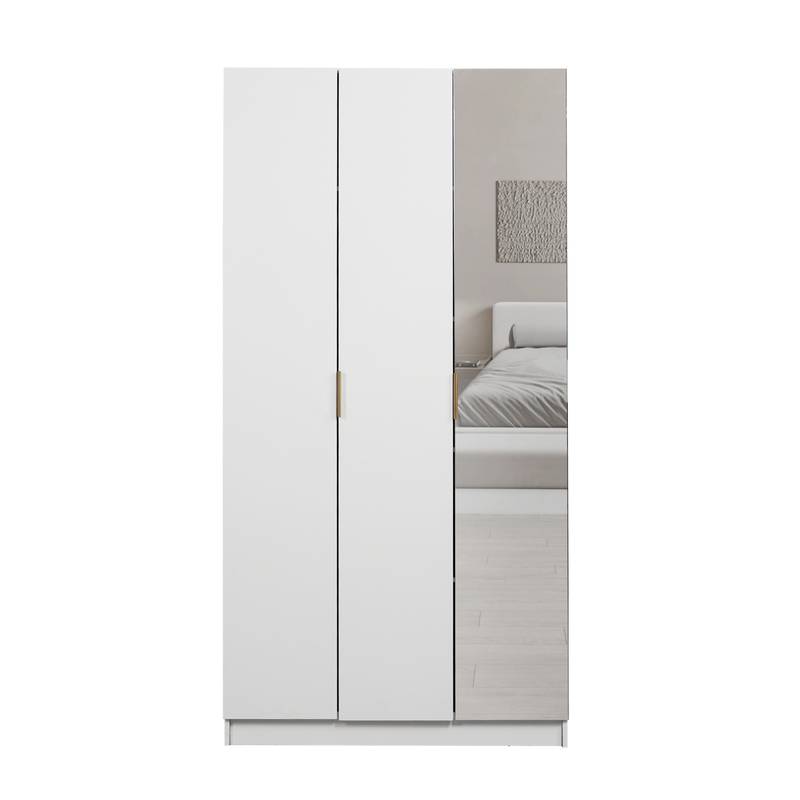 3FT Luca Series 3 Door Wardrobe with Mirror Gold Handle 6 Compartment Shelves & Hanging Rod Almari Baju Pintu Cermin - HMZ-FN-WD-6941-WT+GD