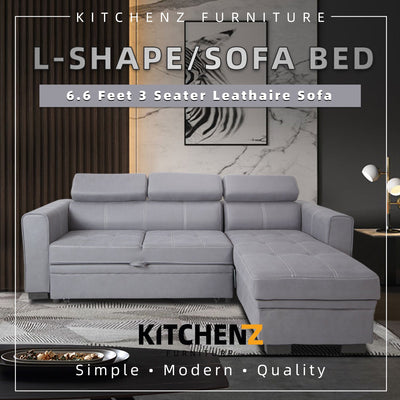 [PERFECT COMBO 3in1] - FREE SHIPPING 6.6FT L-Shape Leathaire Sofa Bed Coffee Table Free Gift 3-Tier Trolley Rack Living Room Combo Set - Y2960+2905-WT+3TIER-WT