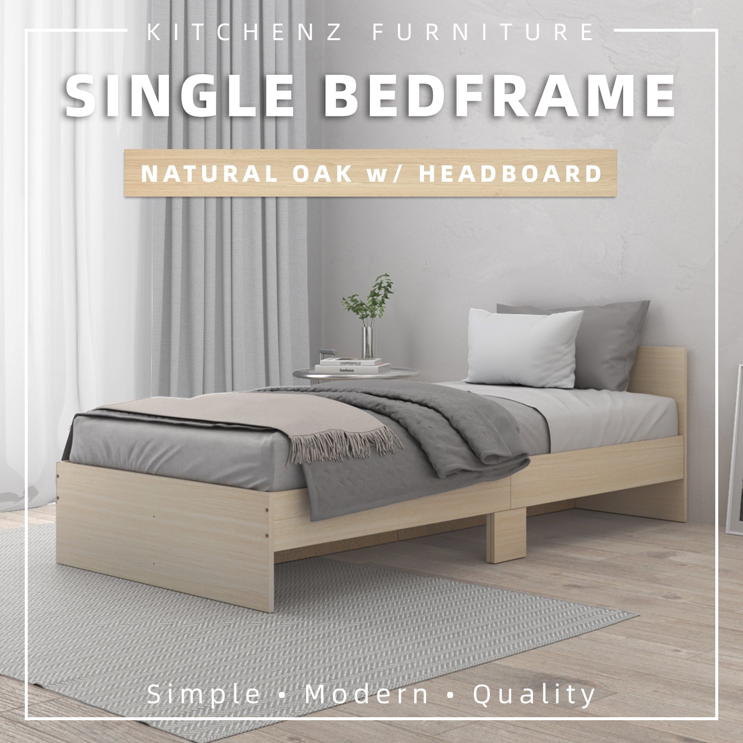 Hm Single Rabbeted Frame (EM) 6.3FT Wooden Single Bed Frame with Headboard Katil Single Kayu HM ...