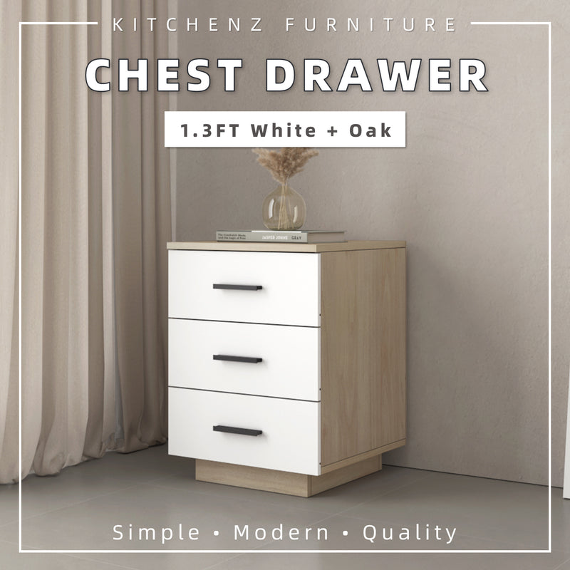 (EM) [FREE Shipping] 1.3FT Full Melamine 3 Layers Chest Drawer Cabinet Natural Oak + White - HMZ-FN-CD-M7800-LH+WT