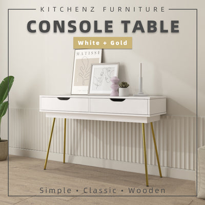 4FT Ivory Series Console Table with 2 Drawer Storage Gold Metal Leg Support - HMZ-FN-CT-1415-WT