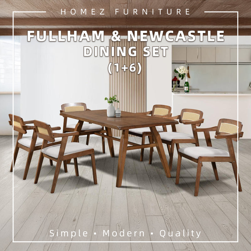 [FREE Shipping & FREE Installation] 6 Seater Solid Rubberwood with Rattan Dining Set Oak Walnut Scandinavian Rustic - MANCHESTER/WESTHAM/FULLHAM