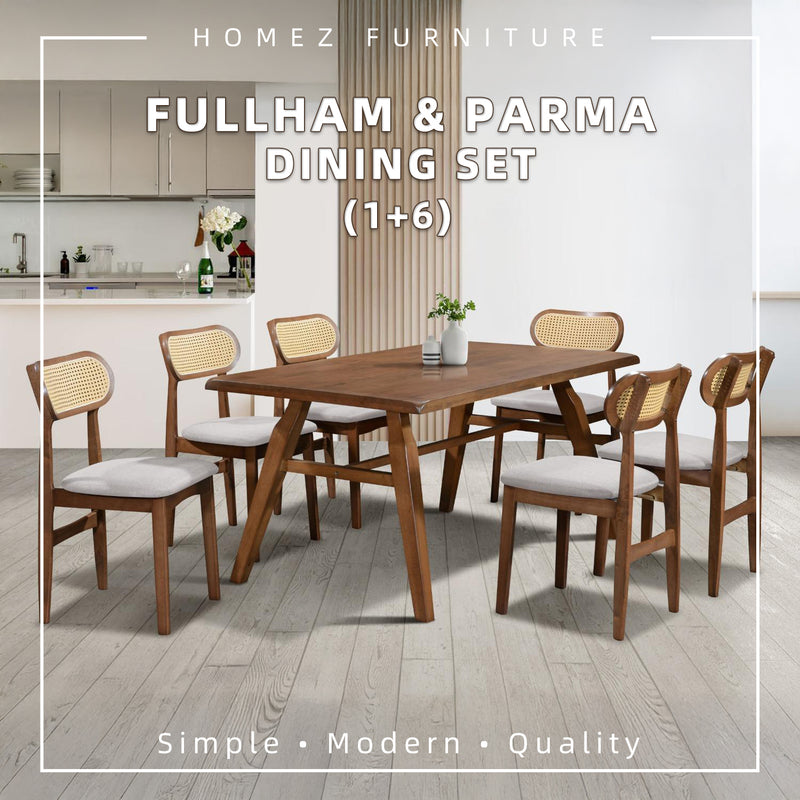 [FREE Shipping & FREE Installation] 6 Seater Solid Rubberwood with Rattan Dining Set Oak Walnut Scandinavian Rustic - MANCHESTER/WESTHAM/FULLHAM