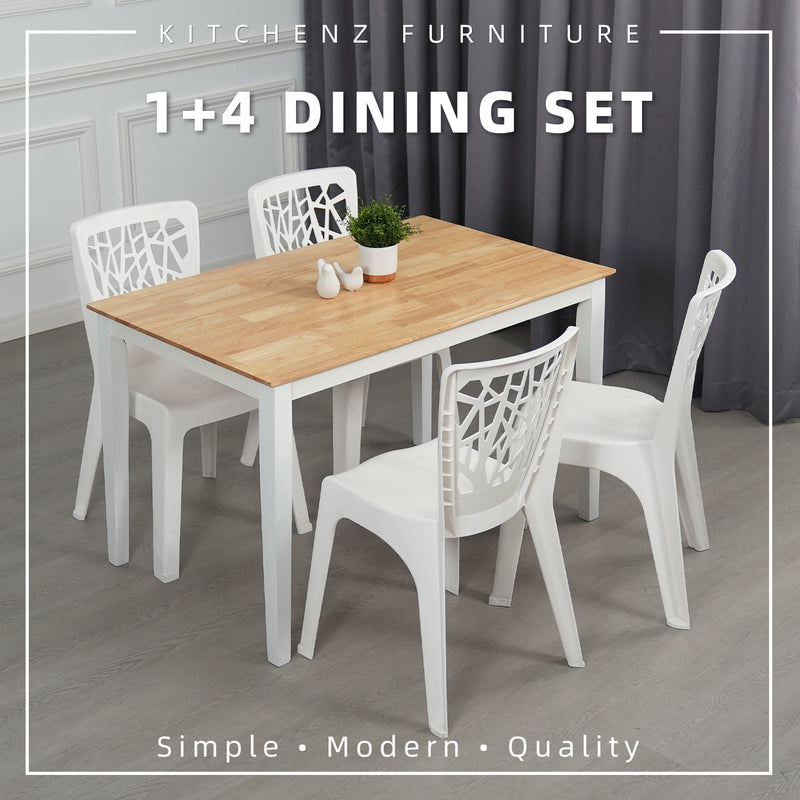 (FREE Shipping) 4 People Seater Dining Set with 1 Table Solid Wood 4 Chairs - Dining Set (1+4)