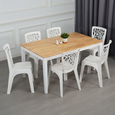 (FREE Shipping) 6 People Seater Dining Set with 1 Table Solid Wood 6 Chairs - Dining Set (1+6)