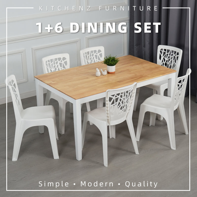 (FREE Shipping) 6 People Seater Dining Set with 1 Table Solid Wood 6 Chairs - Dining Set (1+6)