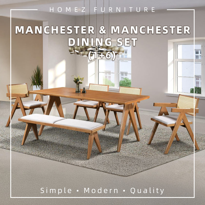 [FREE Shipping & FREE Installation] 6 Seater Solid Rubberwood with Rattan Dining Set Oak Walnut Scandinavian Rustic - MANCHESTER/WESTHAM/FULLHAM