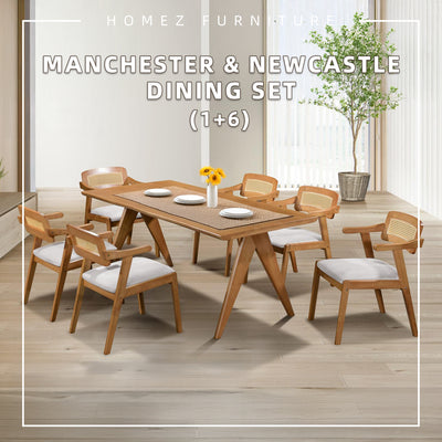 [FREE Shipping & FREE Installation] 6 Seater Solid Rubberwood with Rattan Dining Set Oak Walnut Scandinavian Rustic - MANCHESTER/WESTHAM/FULLHAM