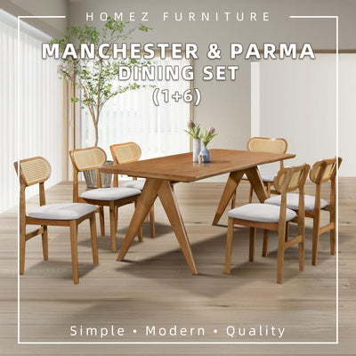 [FREE Shipping & FREE Installation] 6 Seater Solid Rubberwood with Rattan Dining Set Oak Walnut Scandinavian Rustic - MANCHESTER/WESTHAM/FULLHAM