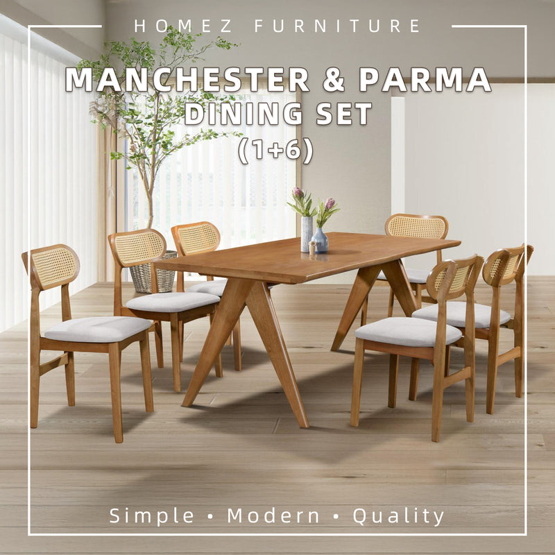 [FREE Shipping & FREE Installation] 6 Seater Solid Rubberwood with Rattan Dining Set Oak Walnut Scandinavian Rustic - MANCHESTER/WESTHAM/FULLHAM